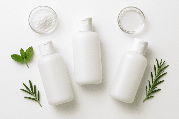 Flat lay of frosted, unbranded shampoo bottles with medicated and herbal ingredients on a white surface.