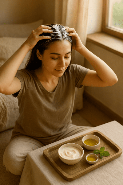 Person massaging a yogurt and honey scalp mask near a sunlit window, with home remedy ingredients and cozy textiles.