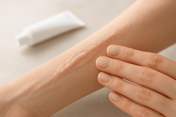 Hand softly smoothing clear silicone gel onto a raised forearm scar.