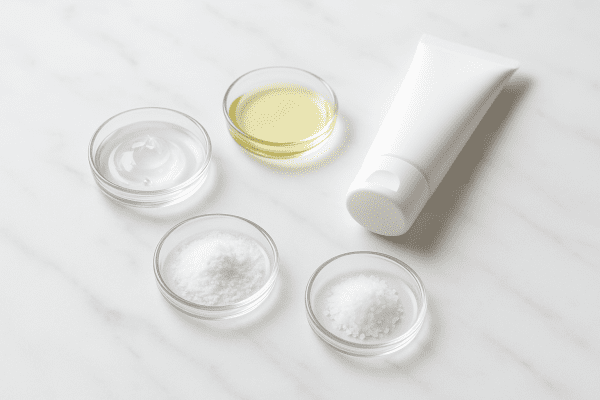 Scar gel ingredients in glass dishes on white marble, with a blurred tube in the background.