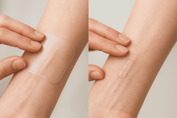 Comparison of a silicone sheet and gel being applied to two forearm scars.