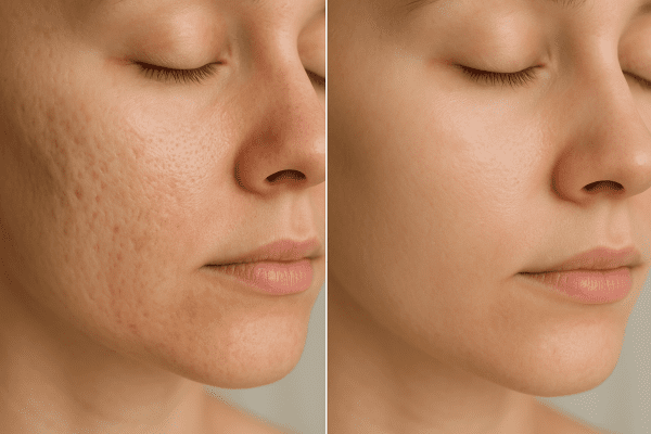 Split view of a cheek before and after acne scar gel treatment.
