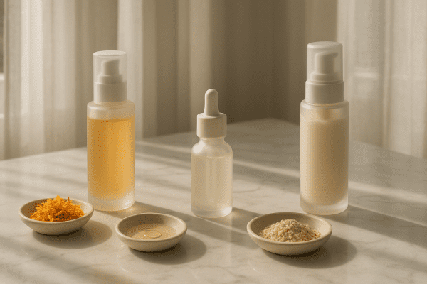 Elegant, unbranded self tanner gels, drops, and mousse on a marble vanity, with natural skin type ingredients and gentle sunlight.