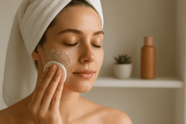 Woman with towel headband gently exfoliating her face with a pad, soft morning light and a self tanner bottle in the background.
