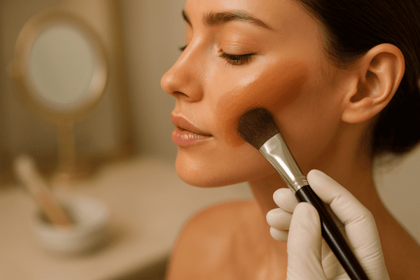 Gloved hands using a brush to blend self tanner smoothly on a model\u2019s face, with a chic blurred vanity background.