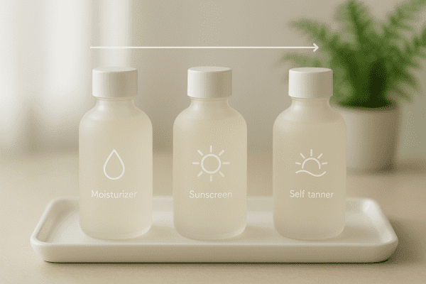 Three matte-glass bottles for moisturizer, sunscreen, and self tanner arranged in order on a white tray, subtle arrows indicating sequence.