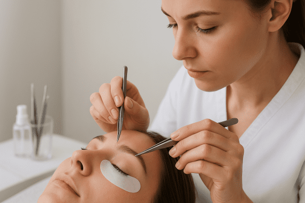 Detailed view of a lash technician applying a lash extension with tweezers and adhesive to a client\u2019s eye, pads and tools visible.