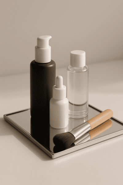 Lash adhesive, sealer, brush, and aftercare products on a mirrored tray with elegant side lighting.