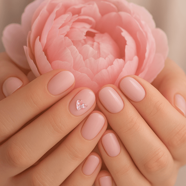 Short ballet pink nails with iridescent heart-shaped crystals, hands gently cupping a peony.