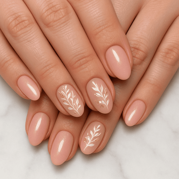 Short almond blush pink nails with white and gold botanical decals, hands on marble.