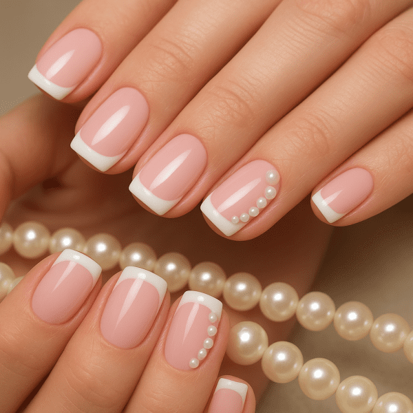 Short square pink French tips with tiny pearl accents, hands holding a pearl necklace.