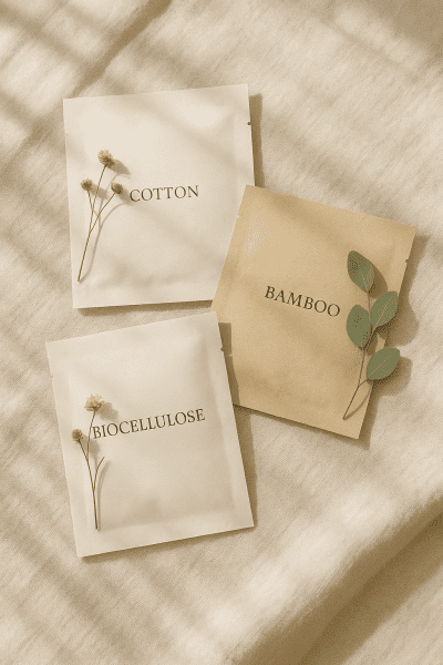 Flat lay of cotton, bamboo, and biocellulose sheet masks, labeled with botanical accents on linen, softly sunlit.