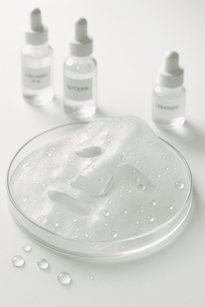 Macro of dewy gel mask with water droplets on glass tray, vials of skincare actives nearby, bright background.