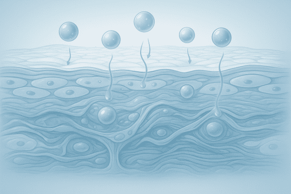 Microscopic illustration of skin cross-section with snail mucin serum integrating and hydrating skin layers.