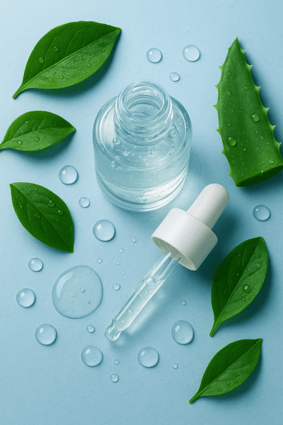 Top-down image of open snail mucin serum bottle with gleaming serum and botanical elements, dewdrops around.