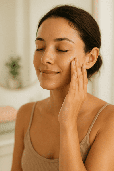 Person with sensitive skin gently patting snail mucin serum on their cheek, in a softly lit bathroom.