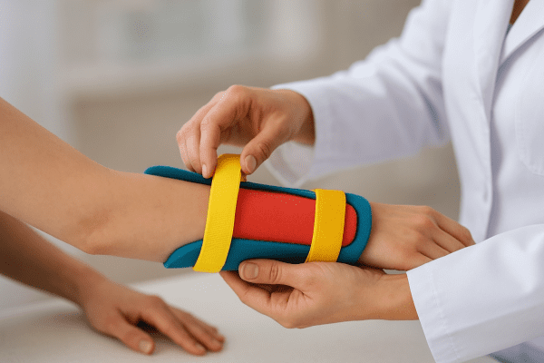 A medical worker applying an elbow splint, with each step shown on a model arm, color-coded for clarity.