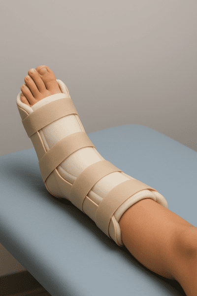 Patient\u2019s ankle in a secure, well-padded splint for fracture management on a clean medical table.