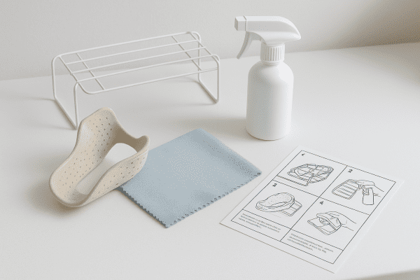 Splint care tools including a splint, cloth, cleaning spray, rack, and instructions on a clean counter.