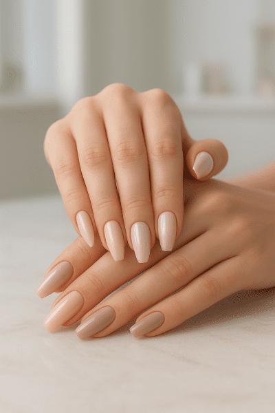 Two hands overlap to display stick on nails in trendy shapes, lengths, and a pastel-neutral palette on a pale marble surface in a modern salon.