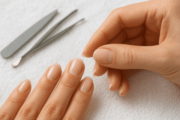 A hand applies a clear adhesive tab to a clean nail, with nail tools arranged on a white towel for a professional look.
