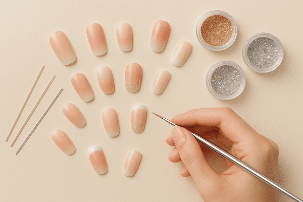 Flat lay of stick on nails with ombre, glitter, and French tip designs, nail art tools, and supplies on a cream background.