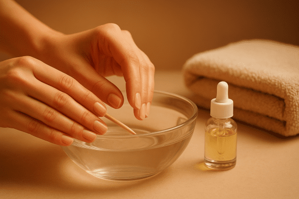 Hands soak stick on nails in warm water, gently lifting a nail with a cuticle stick; cuticle oil and a towel create a spa-like feel.