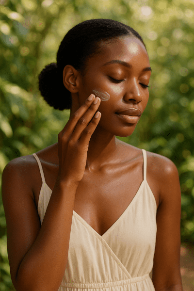 A Black woman applies invisible sunscreen in a sun-dappled garden, her skin glowing and healthy.