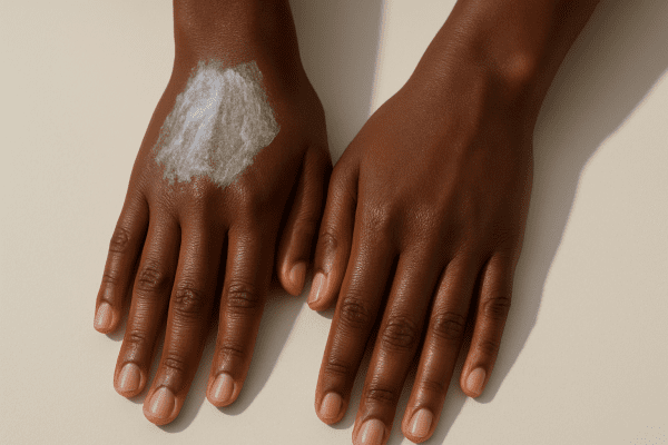 Two dark-skinned hands demonstrate mineral and chemical sunscreen, highlighting differences in absorption and finish.