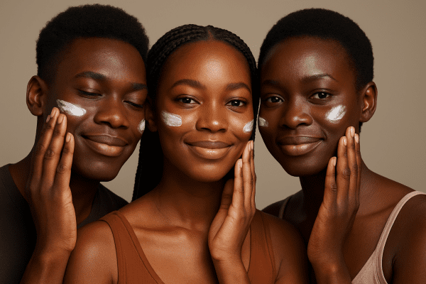 Three Black people of varying skin tones touch their cheeks, showing undetectable sunscreen in a studio.