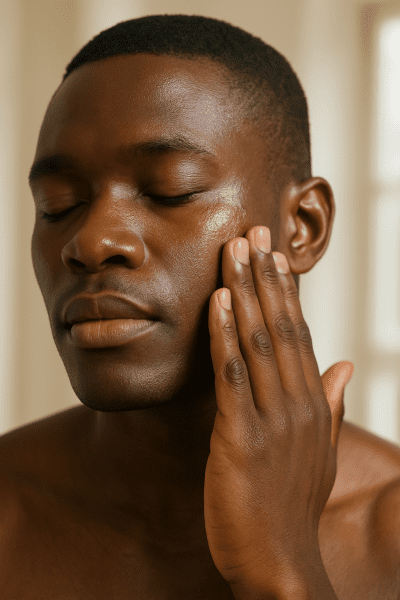 A Black man rubs in sunscreen, his complexion smooth and residue-free in gentle indoor light.