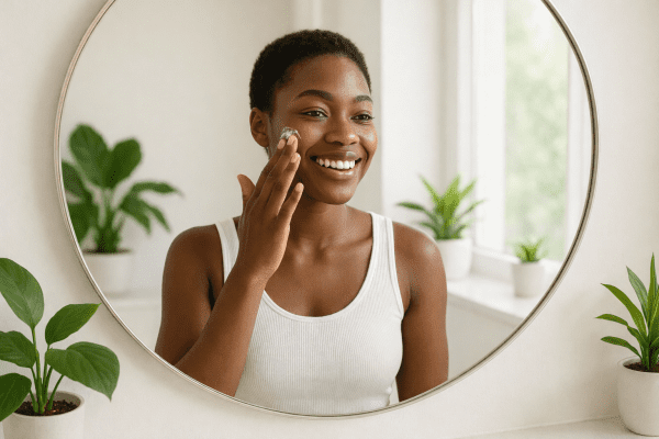 A confident Black woman applies mineral sunscreen in a bright, modern bathroom with green plants and a round mirror.