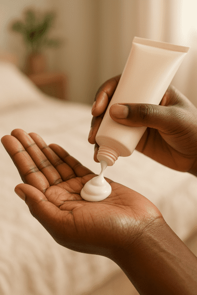A close-up of a Black woman's hands dispensing creamy mineral sunscreen lotion onto her palm, with sunlit beige linens in the background.