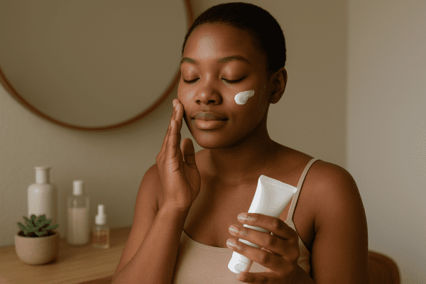 A young Black woman pats mattifying gel sunscreen onto her face at a cozy vanity with earth tones and plants.