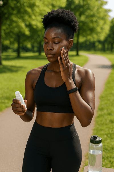 An athletic Black woman applies water-resistant mineral sunscreen in a sunny park before her run, wearing activewear and looking focused.
