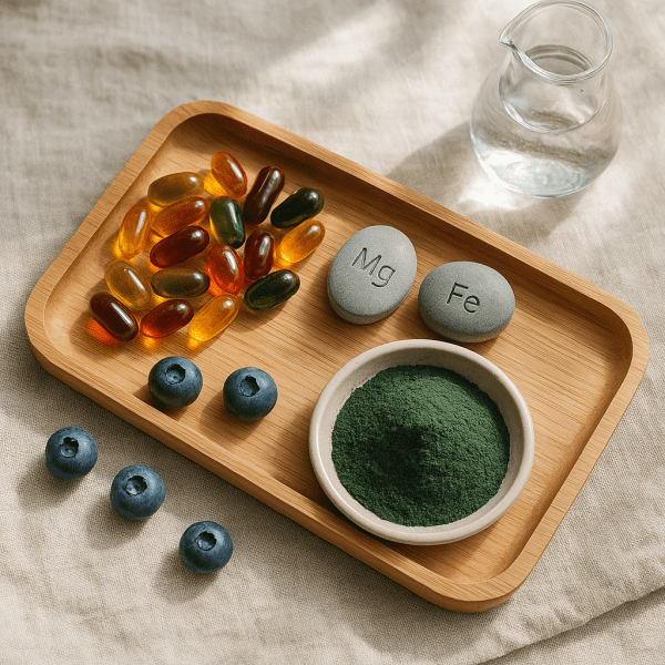 A vibrant flat lay of advanced hair vitality supplements, minerals, spirulina powder, and blueberries on bamboo and linen.