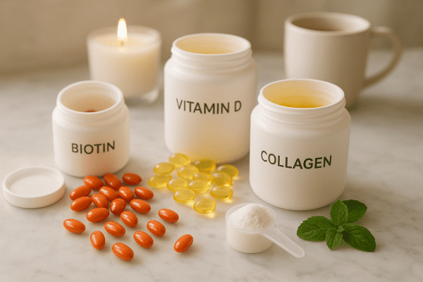 Biotin, vitamin D, and collagen supplement containers on marble, with capsules, collagen powder, and mint, candle and mug in background.