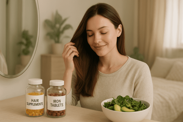 A woman brushes her hair at a vanity, with jars of supplements and a bowl of greens and avocado, plants and soft textiles in the background.