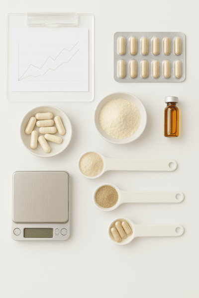 Capsules, powders, and liquid hair supplements with measuring spoons and digital scale on a glossy white lab surface, with abstract graphs.