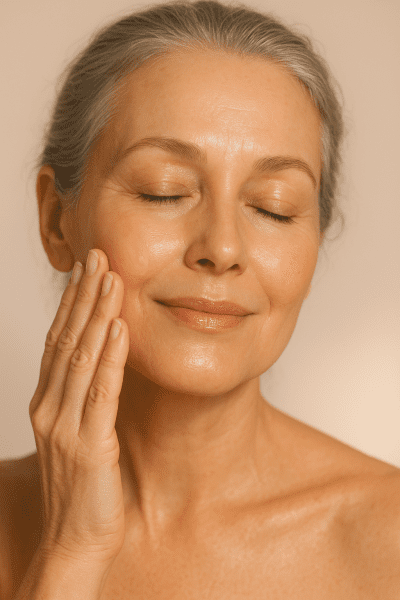Close-up of mature woman with luminous, hydrated skin applying tinted moisturizer with a gentle, uplifting touch.