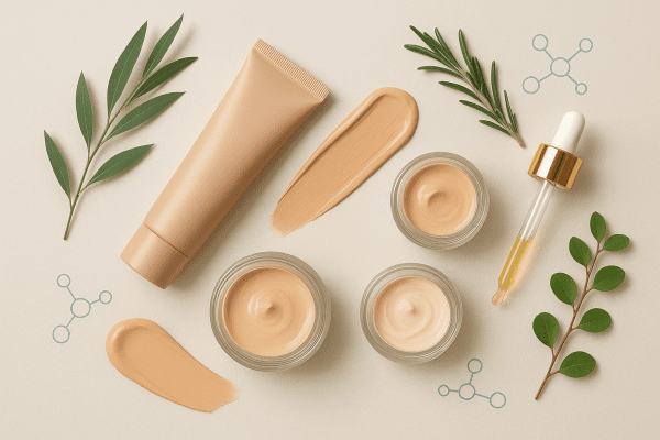 Flat lay of tinted moisturizer with creamy swatches, botanical sprigs, and hyaluronic acid illustrations.
