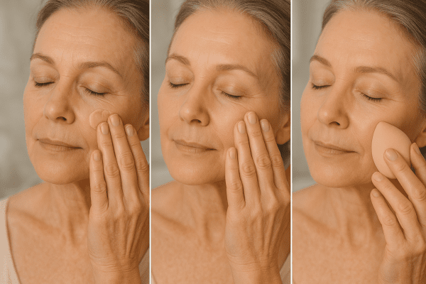 Mature hands blending lightweight tinted moisturizer with sponge, showing even, natural coverage.