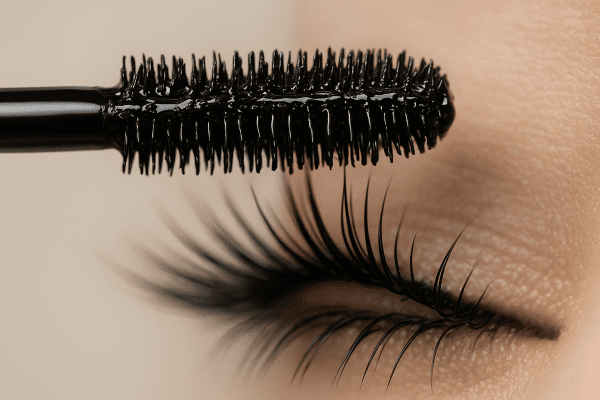 Macro image of a tube mascara wand precisely coating each lash in smooth, shiny tubes, highlighting bristle detail.