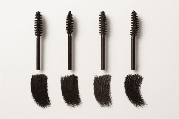 Neatly arranged flat-lay of various tube mascara wands and formula swatches on a clean white background.