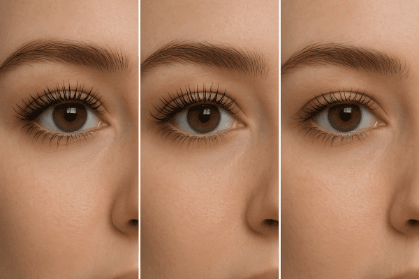 Side-by-side close-ups of three eyes, each showing a different tube mascara benefit: volume, length, and wear.