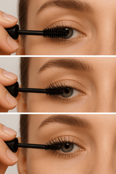 Sequential close-ups illustrating each step of tube mascara application for precise, separated lashes.