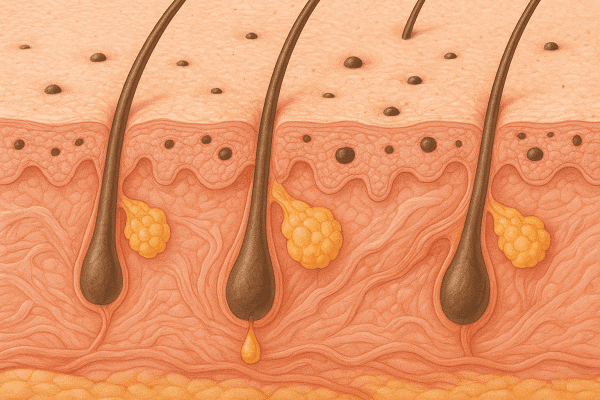 Highly detailed cross-section showing facial pores, oil glands, and blackheads in realistic skin layers.