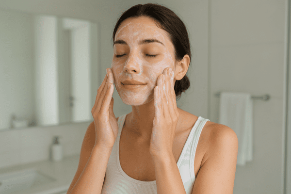 Woman gently cleansing her face with foaming cleanser at a modern bathroom sink.