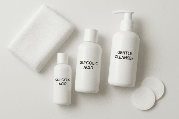 Flat lay of salicylic acid, glycolic acid, and gentle cleanser bottles with towel and cotton pads on white.