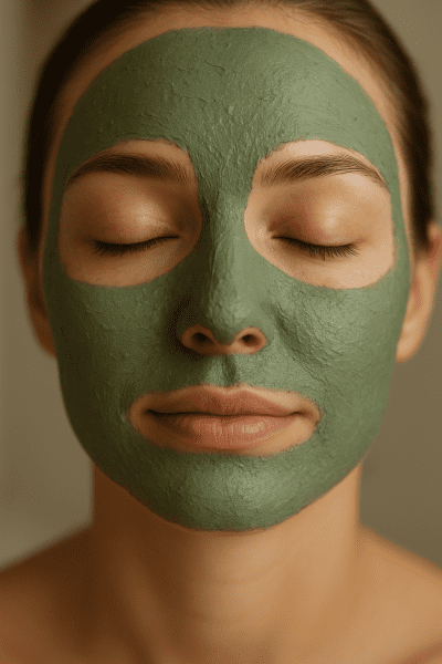 Close-up of a serene face with a green clay mask on the T-zone, softly blurred background.